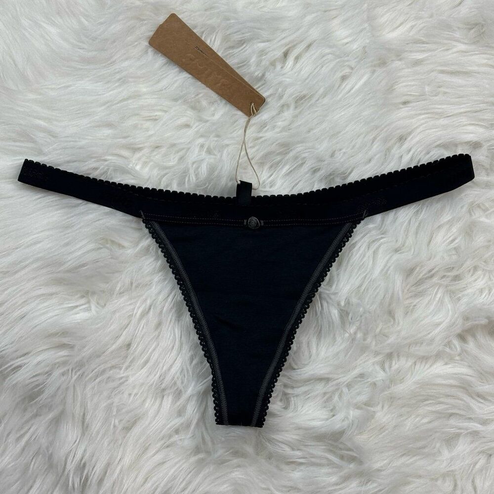 Skims Lightweight Cotton Logo Picot Thong Soot Tonal Size Small